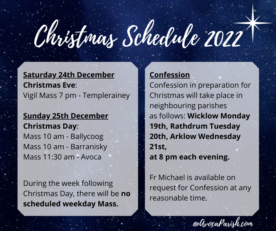 Christmas Schedule 2022 Parish of Avoca
